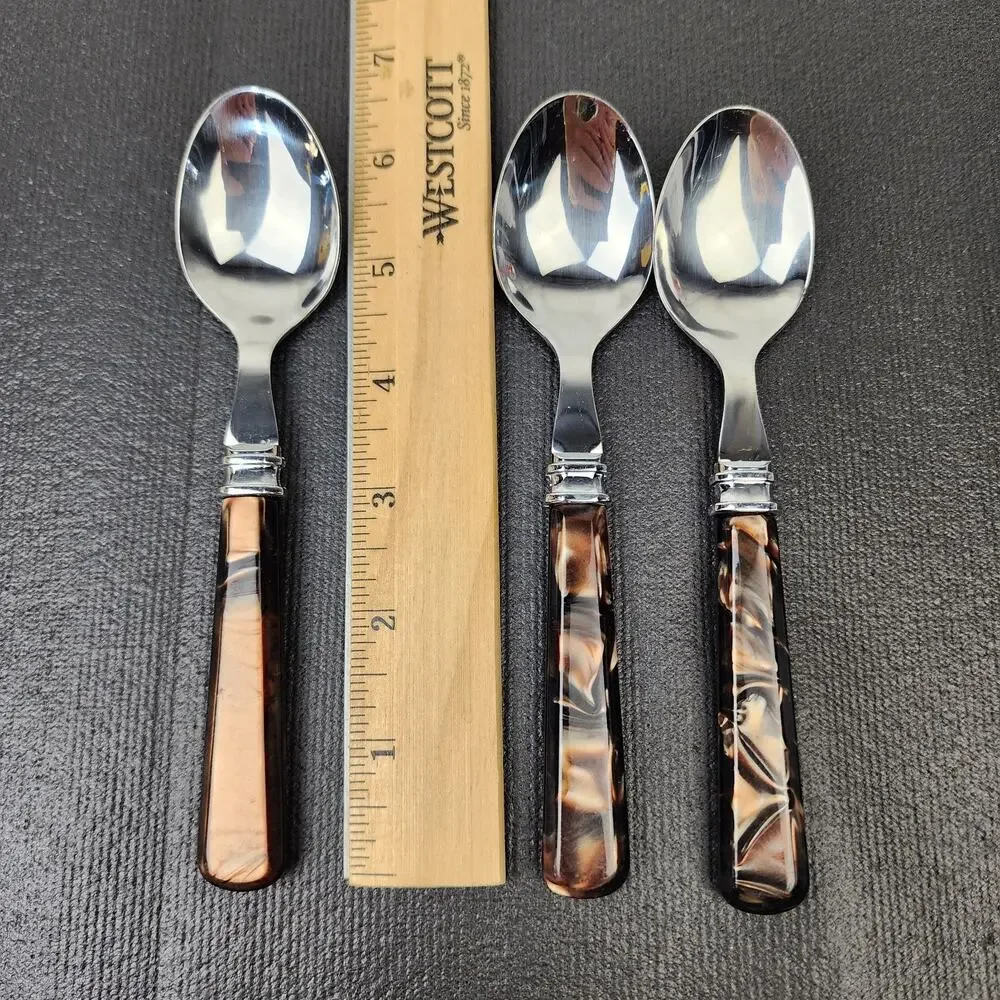 3 MIKASA 18/0 Tortoise Handle Flatware Brown Acrylic Handle Teaspoons 6.5